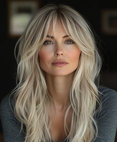 Haircuts for Plus Size Women Round Faces Blond Hair Side Bangs, Face Framing Layers With Long Bangs, Face Framing Hair Round Face, Armpit Length Haircut With Bangs, Round Face Blonde Hairstyles, Money Piece Haircut, Side Bangs Blonde Hair, Modern Shag Medium Length, Fall Bangs Round Face