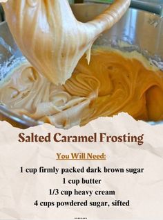 a poster with instructions on how to make caramel frosting in a mixing bowl