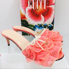 Gucci 570021 Toulle Ruffle Women’s Mid Heels Slides In Peach Color Size 37 Us 7 M Shoes Are New With Defects. Left Shoe Have Small Marks On The Bottom Of The Soles From The Label And Small Scratch On The Heel Of The Right Shoe.Shoes Come With Original Box And Dust Bag. Luxury Flat Heel Heels For Spring, Gucci Low Heel Evening Heels, Gucci Chic Low Heel Heels, Chic Gucci Low Heel Heels, Designer High Heel Spring Heels, Elegant Gucci Heels For Spring, Designer 4-inch Heels For Spring, Designer High Heels For Spring, Spring Designer High Heels