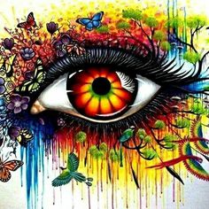 an eye with colorful paint and butterflies around it