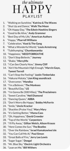 the ultimate happy playlist is shown in black and white, with words above it