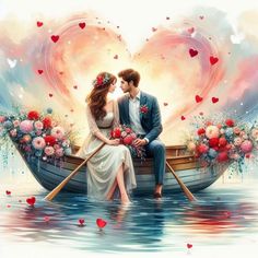 a painting of a couple sitting on a boat in the water with hearts floating over them