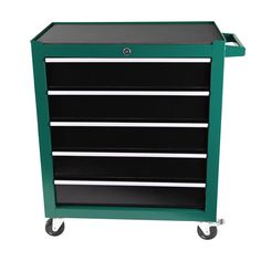 a green and black tool cabinet on wheels