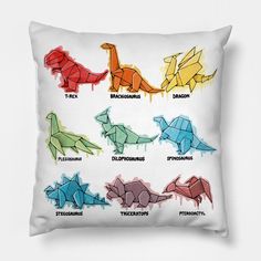 a pillow with different types of origami dinosaurs on the front and back sides