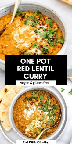 one pot red lentil curry in a white bowl with spoon and pita bread on the side