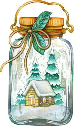 a glass jar with a house in it and a green leaf on the top is filled with snow