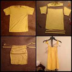 four different pictures of yellow clothes hanging on a hanger with scissors and other items