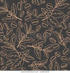 coffee beans and leaves on a dark brown background seamless pattern with hand drawn lines