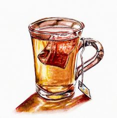 a drawing of a glass cup with tea in it