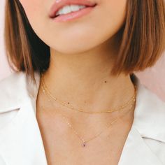 "Our dainty 14kt gold filled birthstone necklace features a tiny cubic zirconia in your choice of colored stone. These dainty birthstone necklaces are the perfect gift for a friend, sister, new mom or just for you! All items come gift boxed in our signature packaging. Ready to gift or treat yourself to a fun un-boxing moment. ♡ DETAILS: - 14kt gold filled chain and charm - won't tarnish or turn, water-proof - choose length at checkout - model wearing this 17\" layered with our satellite choker: https://etsy.me/3BxbYdA January Birthstone: Garnet February Birthstone: Amethyst March Birthstone: Aquamarine April Birthstone: Diamond May Birthstone: Emerald June Birthstone: Alexandrite July Birthstone: Ruby August Birthstone: Peridot September Birthstone: Sapphire October Birthstone: Tourmaline Dainty 14k Gold Filled Birthstone Charm Necklaces, Dainty 14k Gold-filled Birthstone Charm Necklace, Dainty 14k Gold Filled Birthstone Charm Necklace, Dainty 14k Gold Filled Birthstone Necklace For Everyday, 14k Gold Filled Birthstone Necklace For Everyday Wear, Dainty 14k Gold Filled Birthstone Necklace With Delicate Chain, Delicate 14k Gold Filled Birthstone Necklace With Delicate Chain, Dainty Yellow Gold Birthstone Necklace, Delicate Birthstone Necklaces In 14k Gold Filled