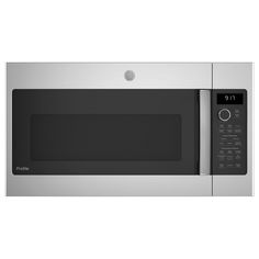 a stainless steel microwave oven with the door open and black knobs on it's side