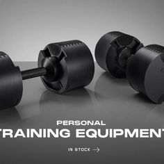 three black dumbbells with the words personal training equipment in stock on them, and an image of two different sized dumbbells