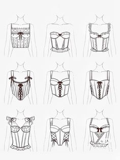 six different types of corsets drawn in pencil