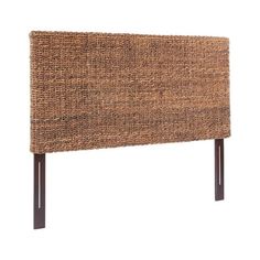 an upholstered headboard made out of wicker with wooden legs and dark wood feet