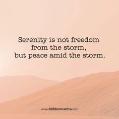 a person standing on top of a hill with a quote about serenity is not freedom from the storm, but peace and the storm