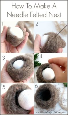 how to make a needle felt nest with wool and cotton balls in the center, step by step instructions