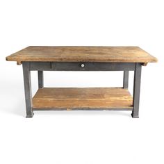 french farmhouse style work table with a drawer, lower shelf and distressed gray paint Rustic Prep Table, French Prep Table, Antique Kitchen Work Table, Devol Kitchen Prep Table, Vintage Prep Table Kitchen, Farm Work, Bakers Table, Pull Out Drawer, Kitchen Counter Stools