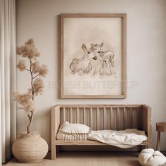 a baby's room with an animal print on the wall