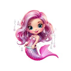 a little mermaid with pink hair and pearls on it's tail, sitting in the water