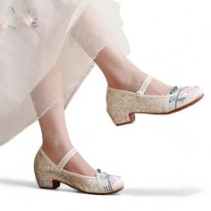 ❁Embrace Comfort and Stand Out in Style: Floral & Geometric Block Heels ❁Step into a world of unique style and delightful comfort with our captivating floral and geometric block heels! Featuring a stunning 4cm/1.6-inch block heel and a playful design, these shoes elevate your everyday look with a touch of artistic flair and modern charm. ❁The front of the shoe is adorned with delicate pink flower embroidery, beautifully complemented by a geometric pattern trim.  The back features a unique printe Beige Round Toe Wedding Shoes For Spring, Beige Closed Toe Wedding Shoes For Spring, White Embroidered Round Toe Heels, White Embroidered Summer Heels, Spring Wedding Shoes With Embroidered Closed Toe, Spring Wedding Shoes With Embroidery And Closed Toe, White Floral Embroidered Closed Toe Heels, Traditional High Heel Spring Heels, White Floral Embroidery Closed Toe Heels