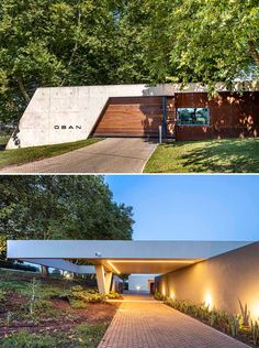 two photos of the outside of a house with trees and bushes in front of it