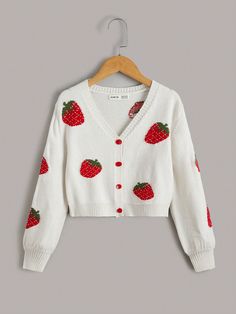 White Casual Collar Long Sleeve Worsted Fruit&Vegetable  Embellished Slight Stretch Spring/Fall Tween Girls Clothing Shein Kawaii, Strawberry Clothes, Strawberry Clothing, Strawberry Cardigan, Clothes Shein, Strawberry Outfit, Shein Kids, Drop Shoulder Cardigan, Strawberry Pattern