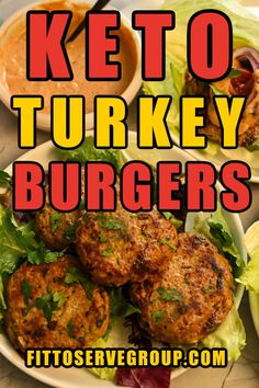 keto turkey burgers on a plate with lettuce and tomato sauce in the background