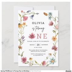 a floral birthday party card with the words, olivia is turning one