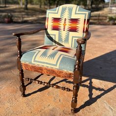 I've been staring at this chair in my house for five years. Just the frame, no old fabric to tell me about its history. It "came with the house," out of attic after my grandparents passed. When we took the western upholstery workshop In October, I wanted to work on a piece that I could keep for myself, and this was a great project. A little Pendleton, a little croc-embossed leather, and check out our West Riley brand (x2!) on the frame. I'm definitely keeping this one :) Arizona Christmas, Upholstery Workshop, Farm Furniture, Reupholster Chair Dining, Western Living Room, Montana Homes, Reupholster Chair