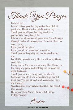 a thank card with the words, thank you prayer