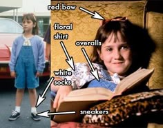 Matilda - overalls, flowered shirt, sneakers, hair band, cardigan. Perhaps carry a book or pull a book-laden red wagon. Characters Who Wear Overalls, Matilda And Trunchbull Costume, Book Week Outfits, Matilda Costume Ideas, Matilda Book Week Costume, Matilda Movie Outfit Ideas, Matilda Movie Costume, Matilda Outfits Movie, Matilda Costume Women