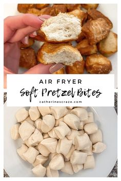 two pictures with the words air fryer soft pretzel bites on them and an image of marshmallows