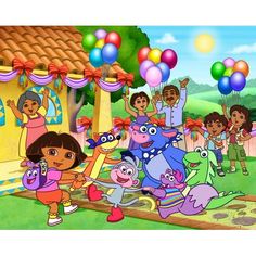 dora the dinosaur birthday party with balloons and kids in front of house, children's play area