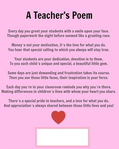 a teacher's poem on pink paper with a red heart in the center and words below it