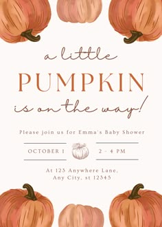 a little pumpkin is on the way baby shower party card with watercolor pumpkins