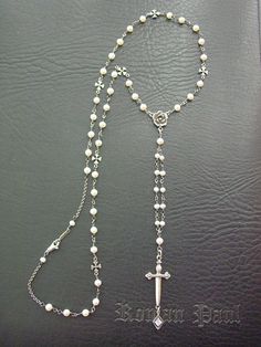 Silver Sword and Rose White Sapphire Pearl Necklace Silver Pearl Necklace, Fresh Water Pearls, Small Crosses, Water Pearls, White Sapphire, Silver Roses, Sterling Silver Necklace, Rosary