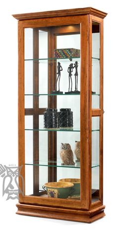 a wooden display case with glass shelves and figurines on it's sides