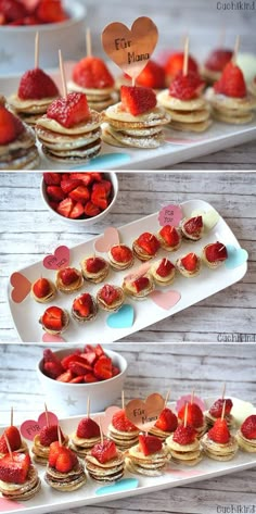 the desserts are ready to be eaten and served on plates with strawberries in them