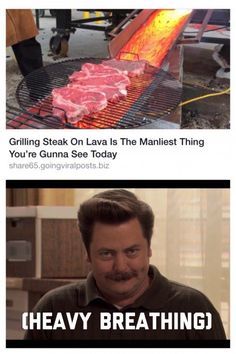 an image of meat cooking on the grill with caption that reads, grilling steak on lava is the smallest thing you're gunna see today