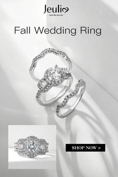 two wedding rings are shown with the text jeuli's fall wedding ring shop now