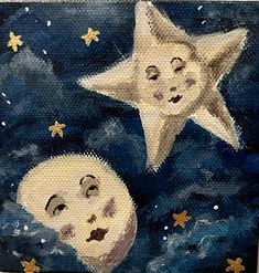 an acrylic painting of two stars and the moon