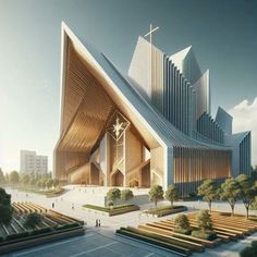 an artistic rendering of a building with a cross on it's roof and stairs leading up to the entrance