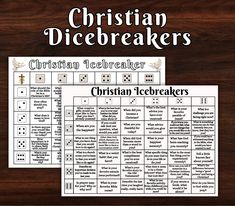 christian dicebreakers with the words christian icebreakerrs on it and two pieces of dice