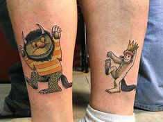 two people with tattoos on their legs, one is wearing a crown and the other has a monkey