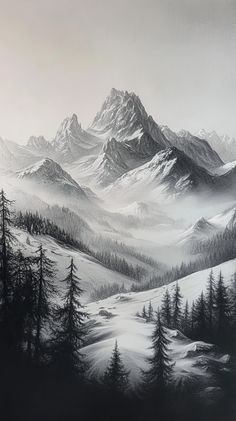 a black and white painting of mountains with trees in the foreground, snow on the ground