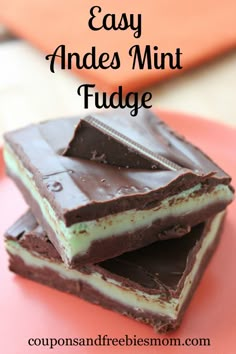 three pieces of chocolate mint fudge are stacked on top of each other with text overlay