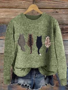 Shop Affordable Women Sweaters Winter Sweater Casual Sweater Cat Sweater Loose Daily Crew Neck Long Sleeve On Justfashionnow.com Navy Blue Sweater Outfit, Cat Pretty, Cat Brown, Pfp Cat, Aesthetic Funny, Cat Dress, Cat Crochet, Cat Pfp, Pretty Cat