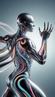 a futuristic woman is holding her hands up in the air with an abstract pattern on it