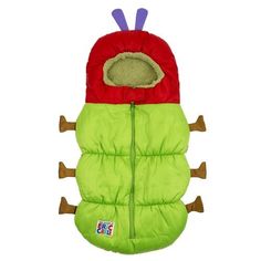 a green and red bug shaped sleeping bag with two legs on the front, one leg down