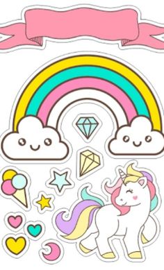 a sticker with an image of a unicorn, rainbow and clouds on the back